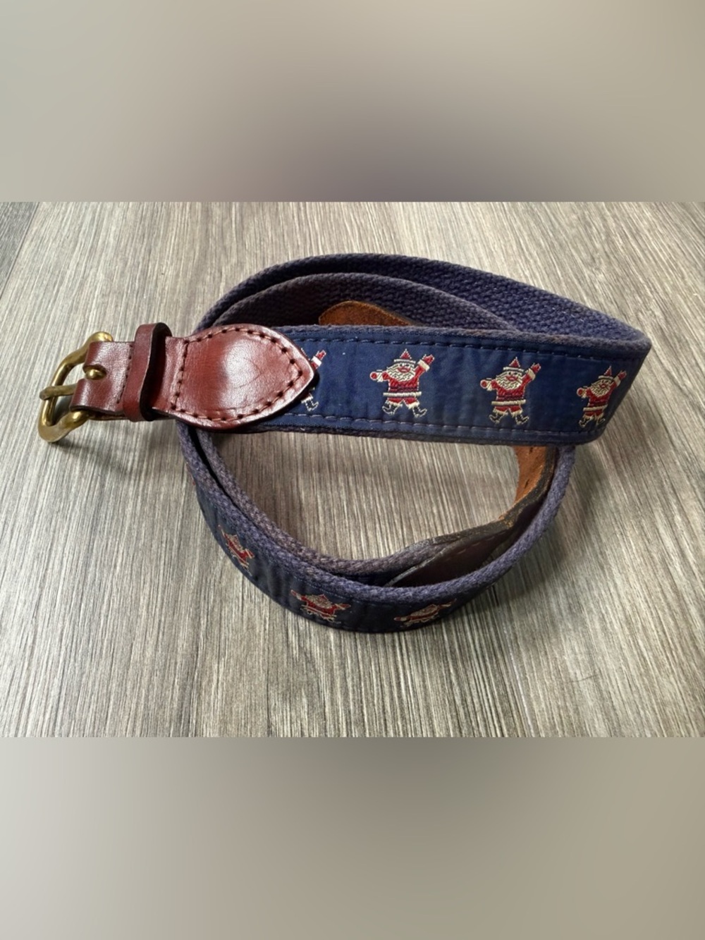 Navy Ribbon Belt Santa Claus Novelty Print Solid Brass Buckle Handmade Leather